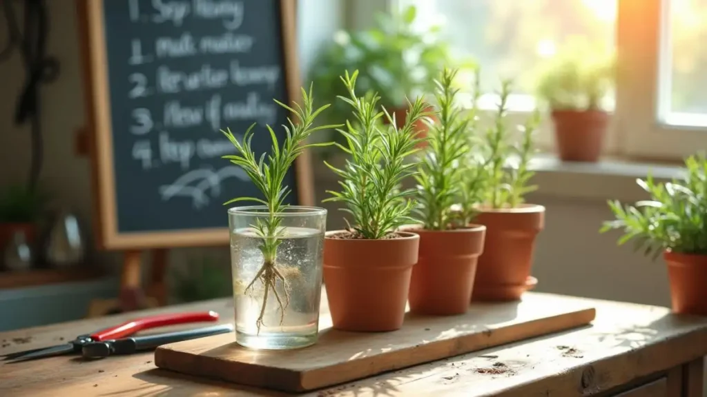 Step-by-step guide to propagating rosemary: selecting a stem, trimming, removing leaves, rooting in water, and transplanting into soil. Tools and a chalkboard listing the steps are visible in the background.