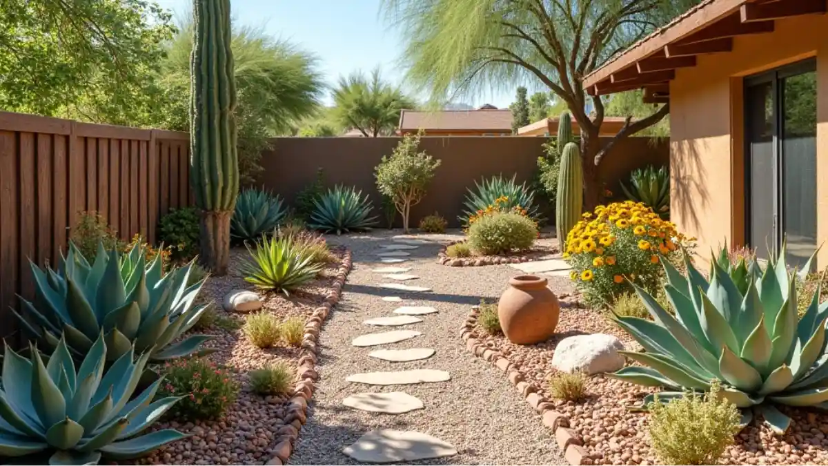 arizona landscape ideas Arizona xeriscape garden with gravel, native drought-tolerant plants like agave, red yucca, and desert marigold, no grass.