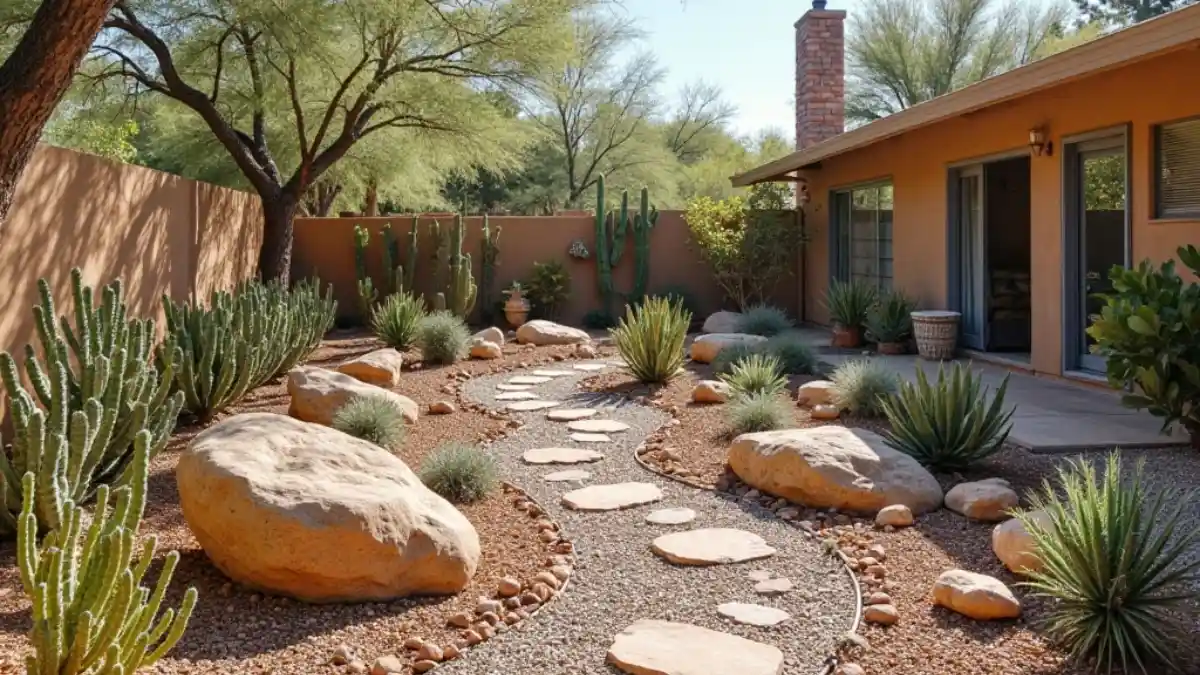arizona landscape ideas (3) Arizona backyard with decorative gravel paths, dry riverbed of smooth rocks, rock garden with cacti and succulents, and large boulders.