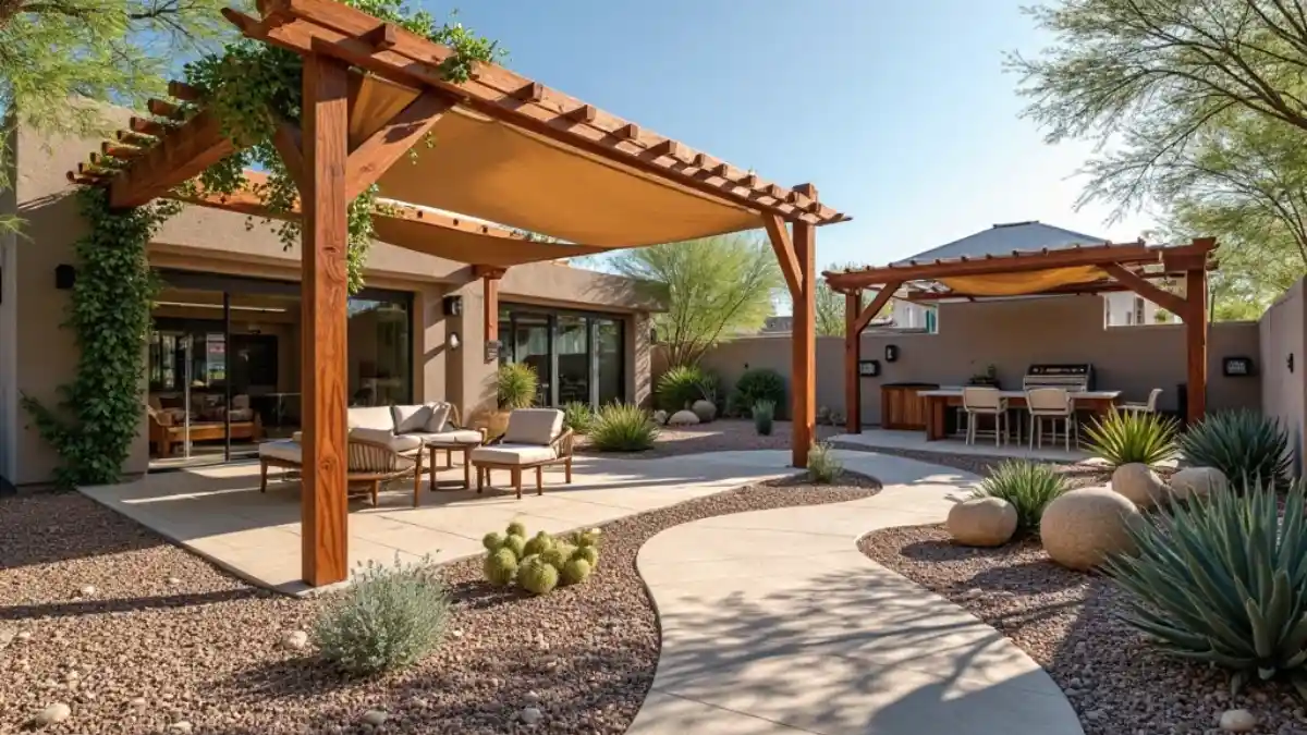 arizona landscape ideas (4) Desert backyard with pergola, sail shade, and ramada providing shade over patio and seating areas, surrounded by gravel and low-water plants.