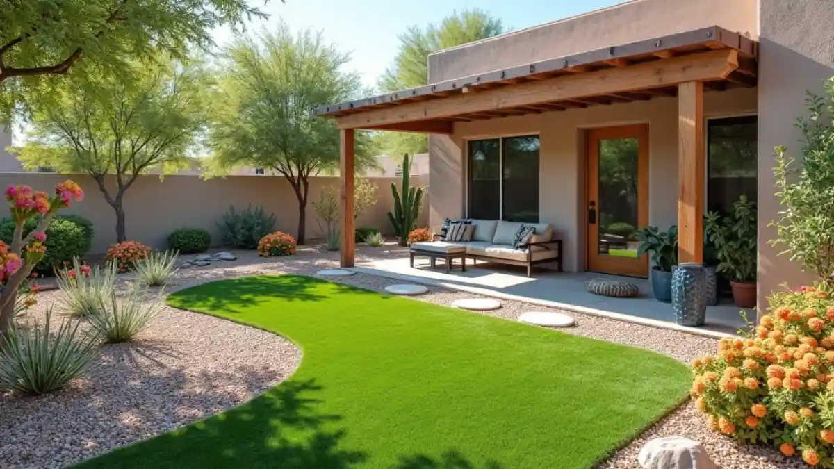 arizona landscape ideas (5) Arizona backyard with artificial turf, gravel lawn, and drought-tolerant ground covers like Lantana, rosemary, and ice plant.