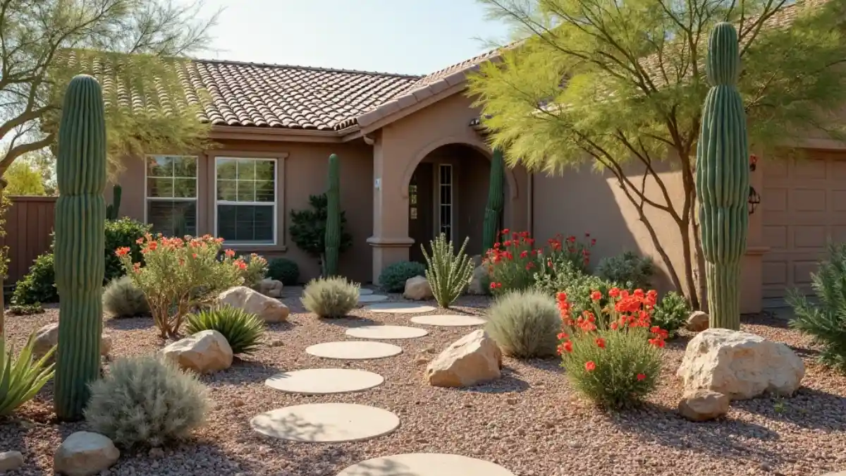 arizona landscape ideas (6) Arizona front yard with Desert Willow, Chuparosa, Soaptree Yucca, and Ocotillo arranged in gravel landscaping with boulders.