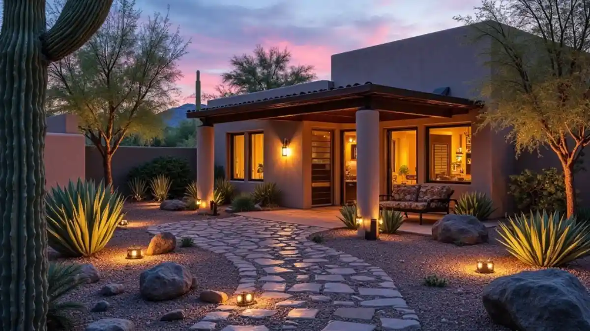 arizona landscape ideas (7) Arizona backyard at dusk with solar pathway lights, up-lighting on cacti, and accent lighting around a desert-style patio.