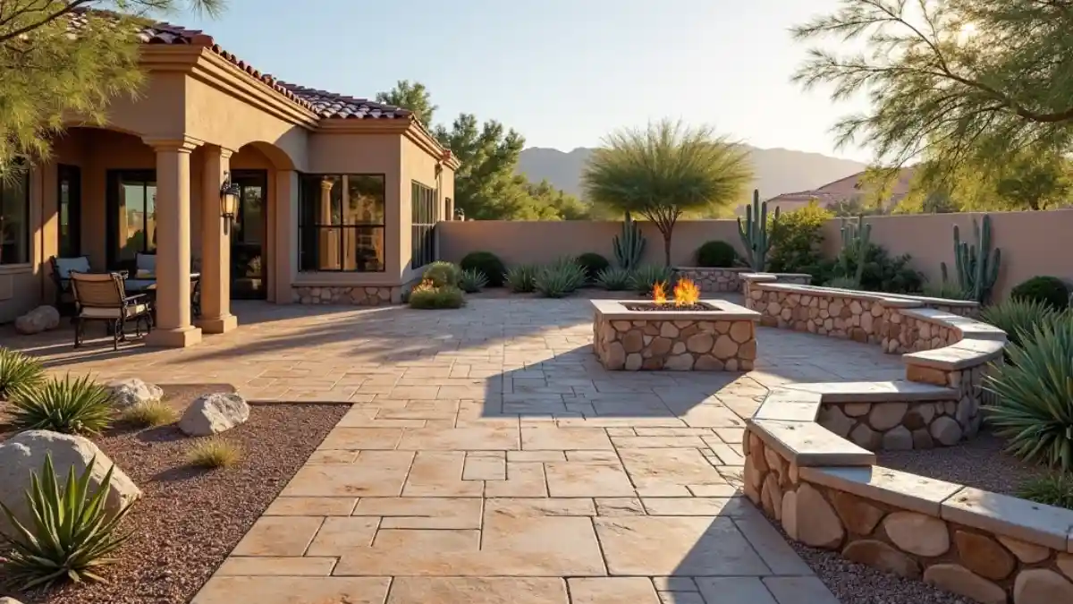 arizona landscape ideas (8) Arizona backyard with flagstone patio, stone retaining walls, raised garden beds, built-in stone seating, and desert landscaping.